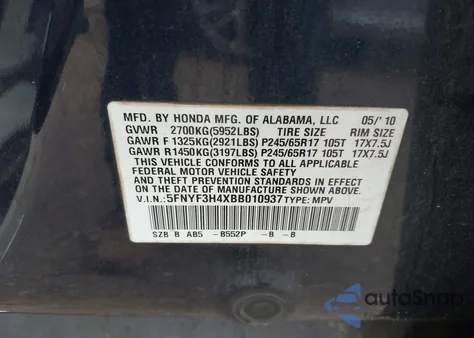 2011 Honda Pilot Ex from USA, damaged, VIN 5FNYF3H4XBB010937